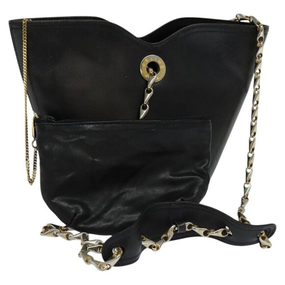 CELINE Chain Shoulder Bag Leather Black Gold Auth - Picture 1 of 16